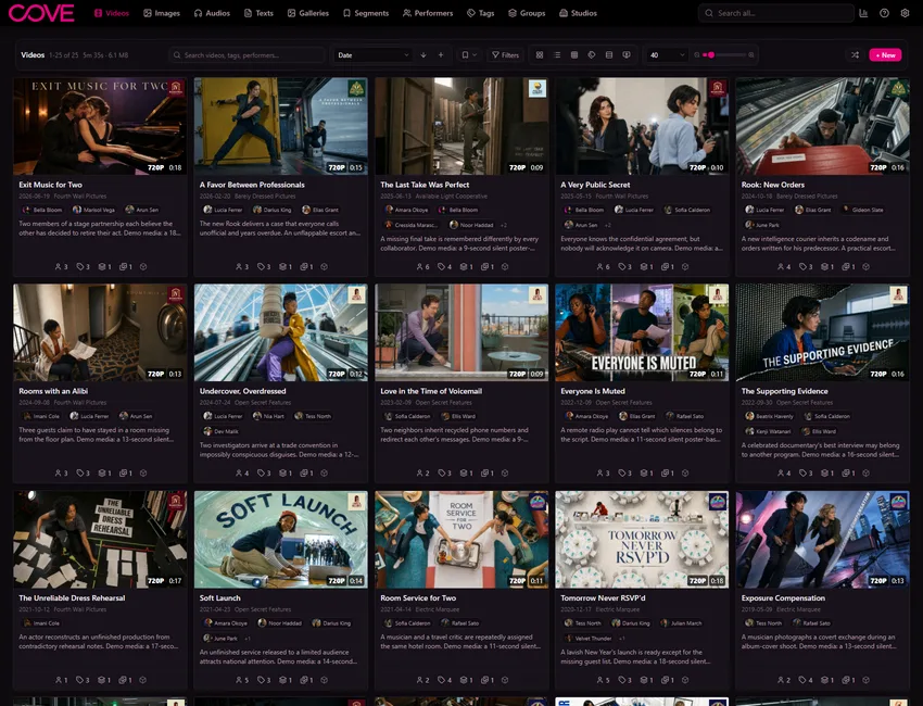 Cove videos page using the after dark theme.