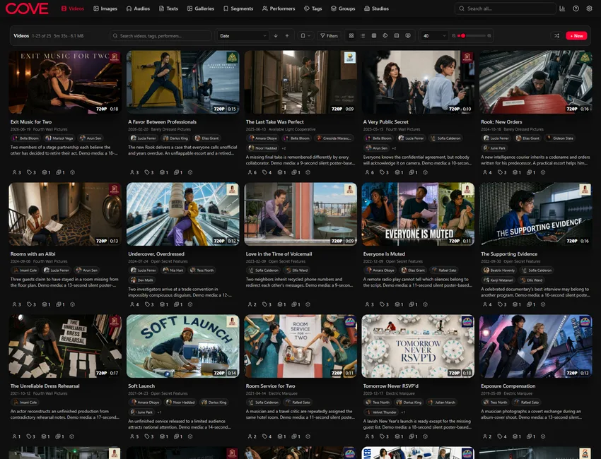 Cove videos page using the cinema dark theme.