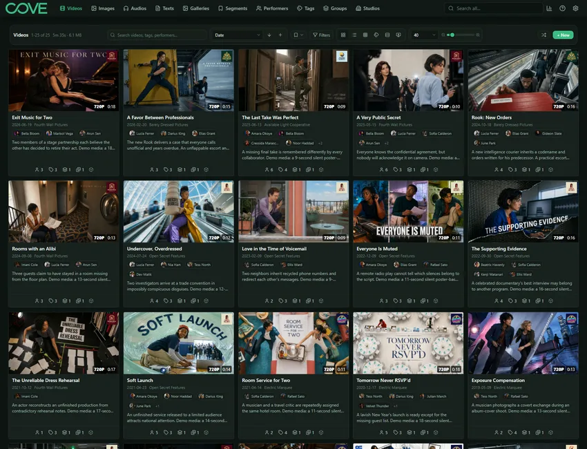 Cove videos page using the dark emerald theme.