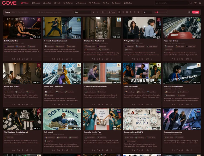 Cove videos page using the dark rose theme.