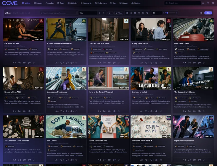 Cove videos page using the deep space theme.