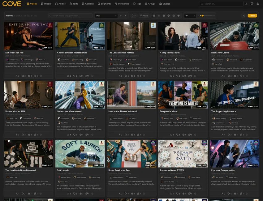 Cove videos page using the golden hour theme.