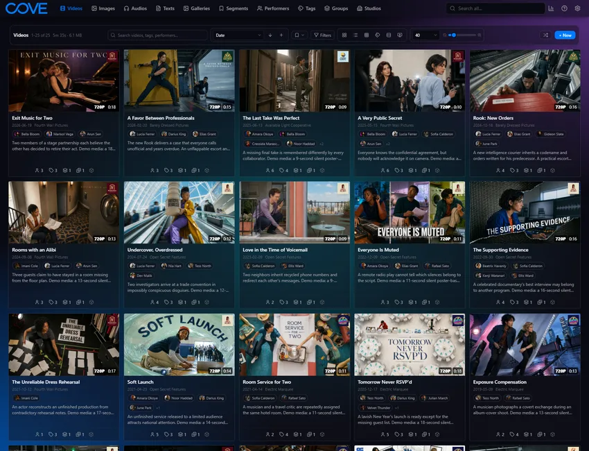 Cove videos page using the liquid glass theme.