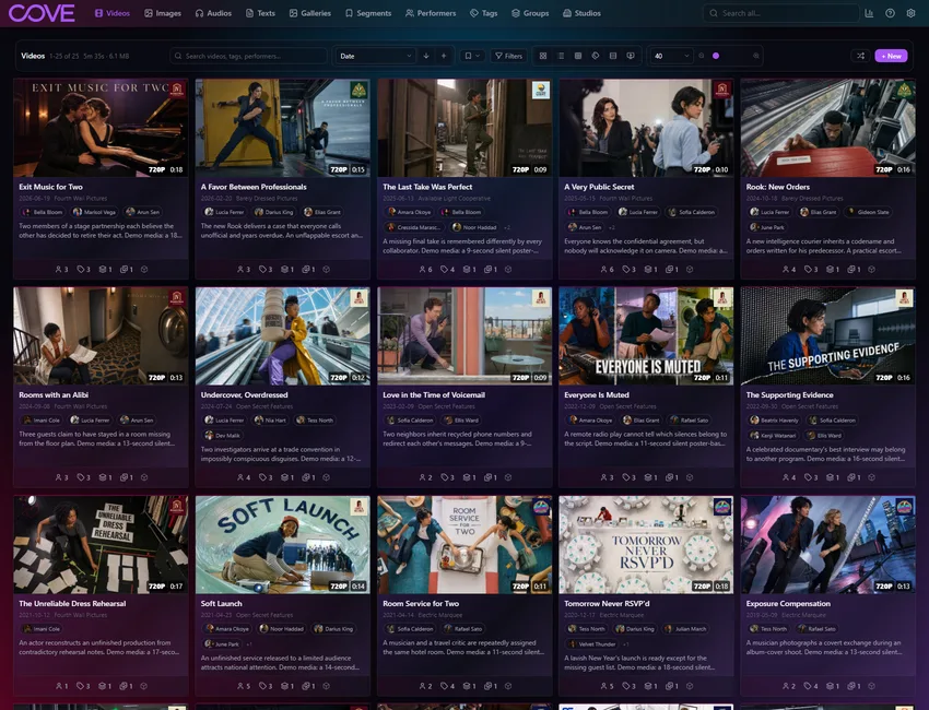 Cove videos page using the rainbow theme.