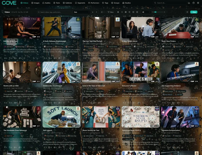 Cove videos page using the rainfall theme.