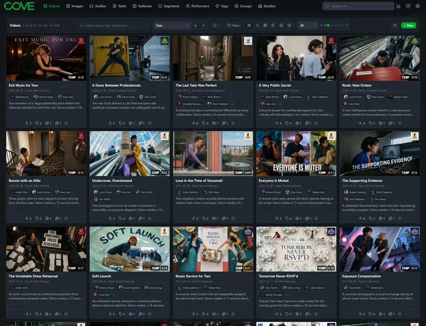 Cove videos page using the reel theme.