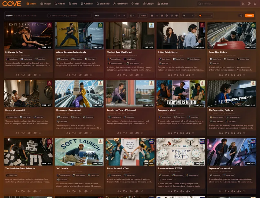 Cove videos page using the sunset gradient theme.