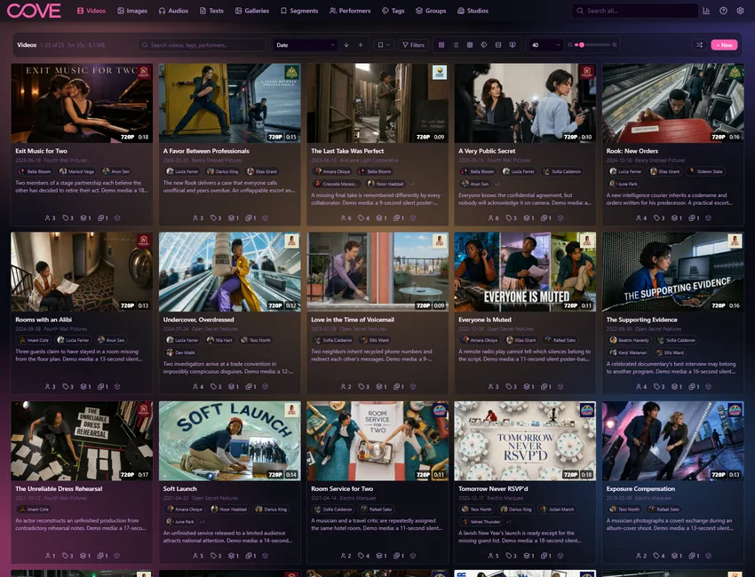 Cove videos page using the synthwave theme.