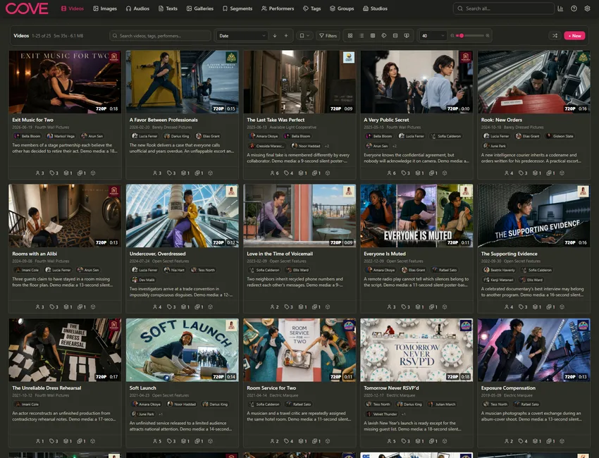 Cove videos page using the terminal theme.