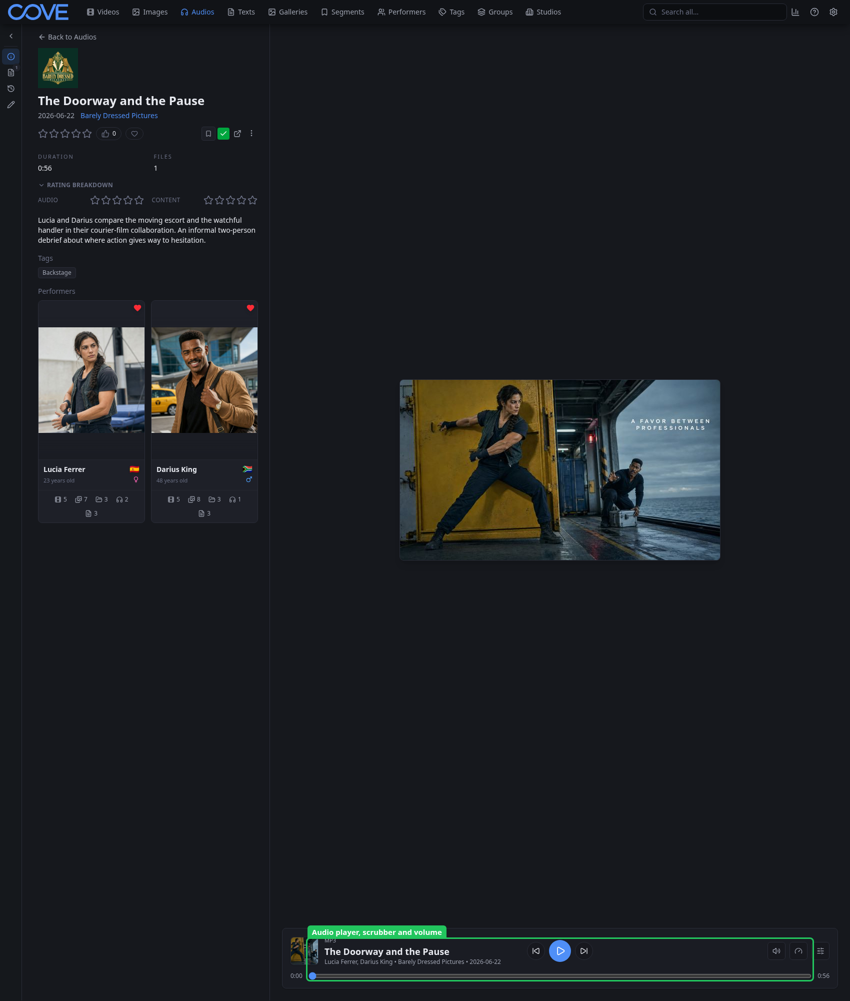 Cove audio detail page with playback controls and track metadata