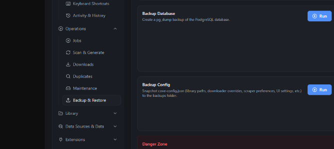 Backup and Restore settings showing Backup Database and Backup Config controls