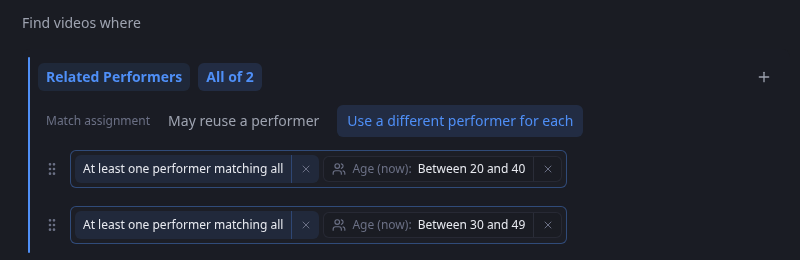 Related Performers group with two overlapping age ranges and Use a different performer for each selected