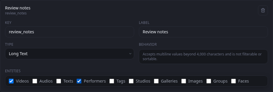 Long Text custom-field definition for review notes, enabled for videos and performers