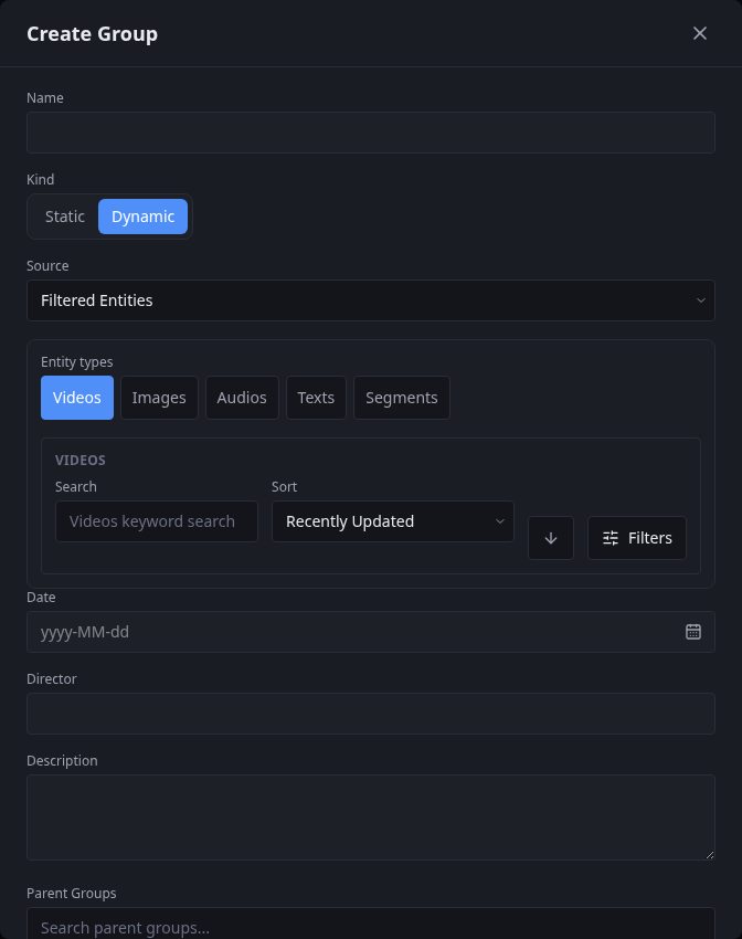 Blank Create Group form configured as a dynamic group
