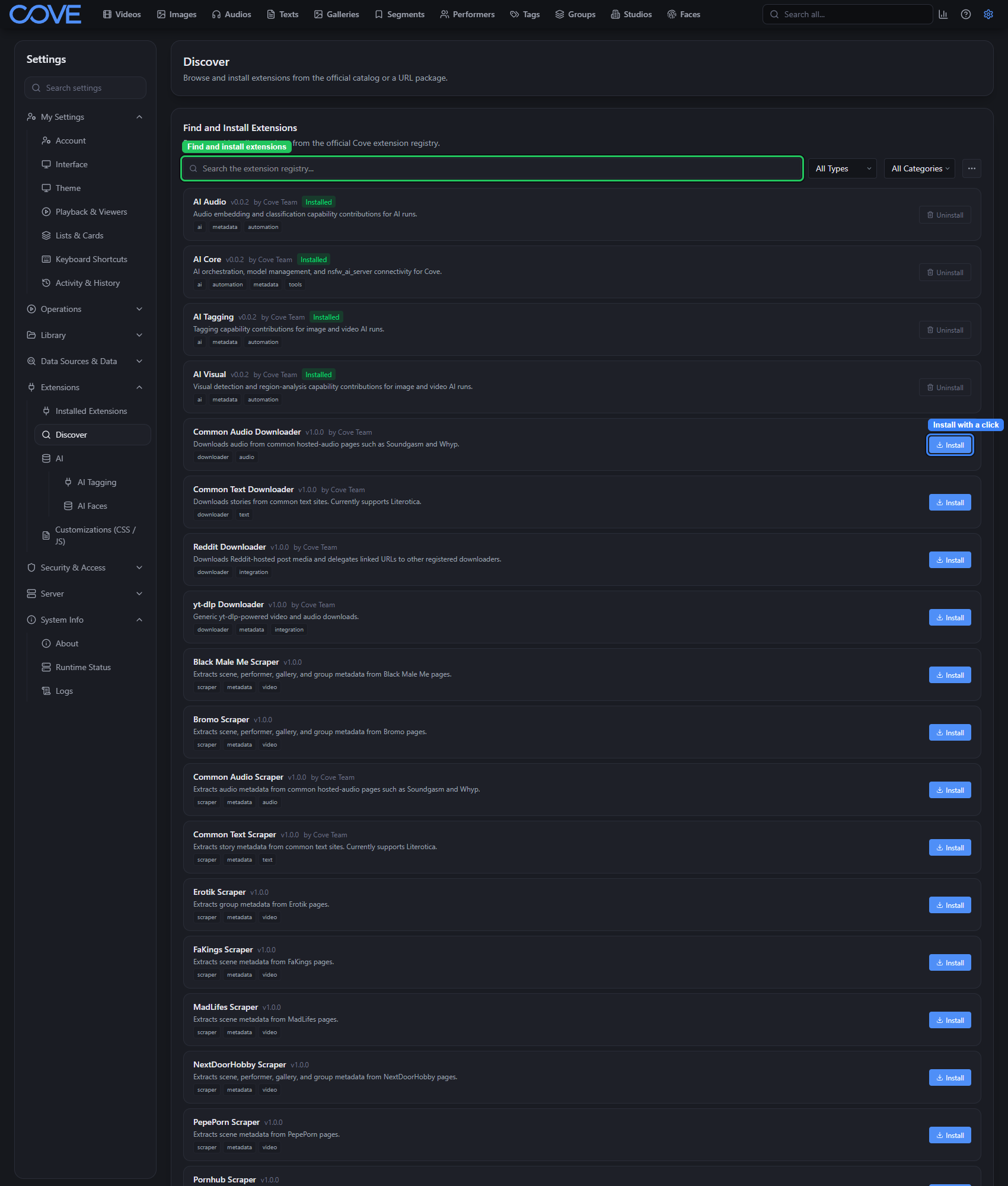 Cove Discover settings with extension search, filters, and install buttons