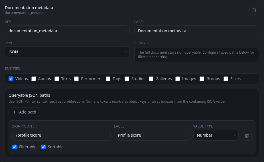 JSON custom-field definition with the numeric Profile score pointer enabled for filtering and sorting