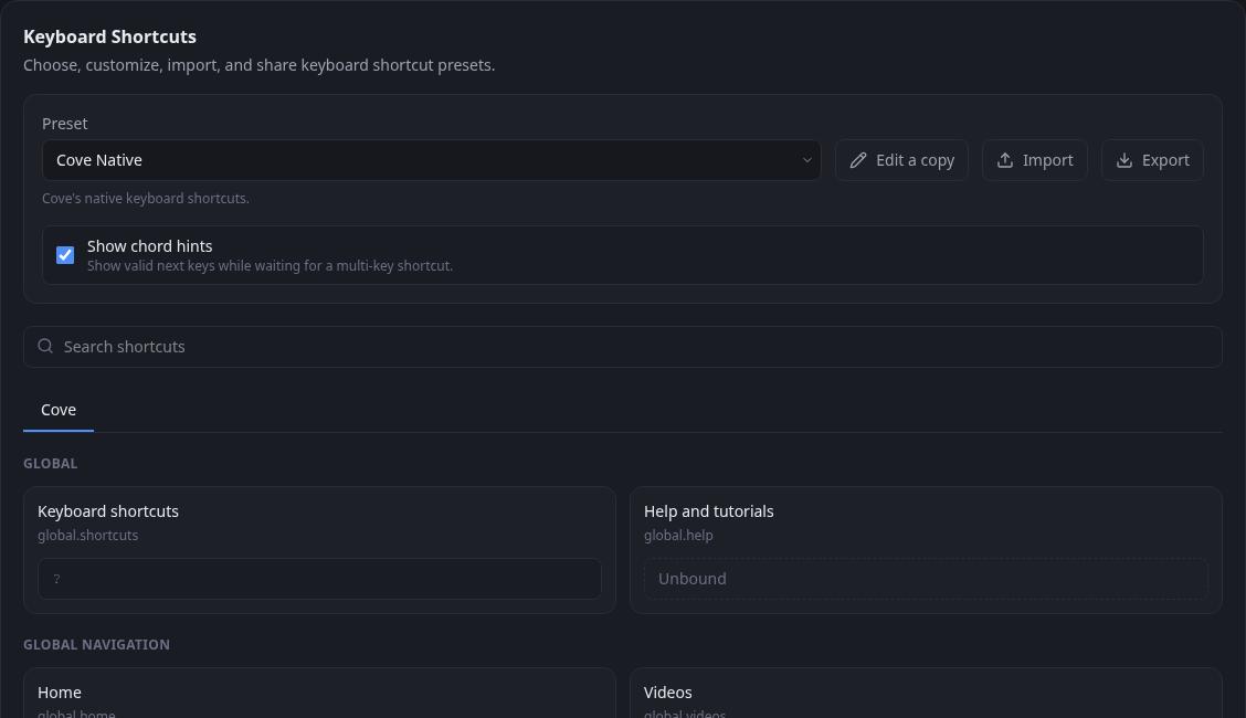 Keyboard Shortcuts settings with the preset selector, Cove source tab, and current bindings