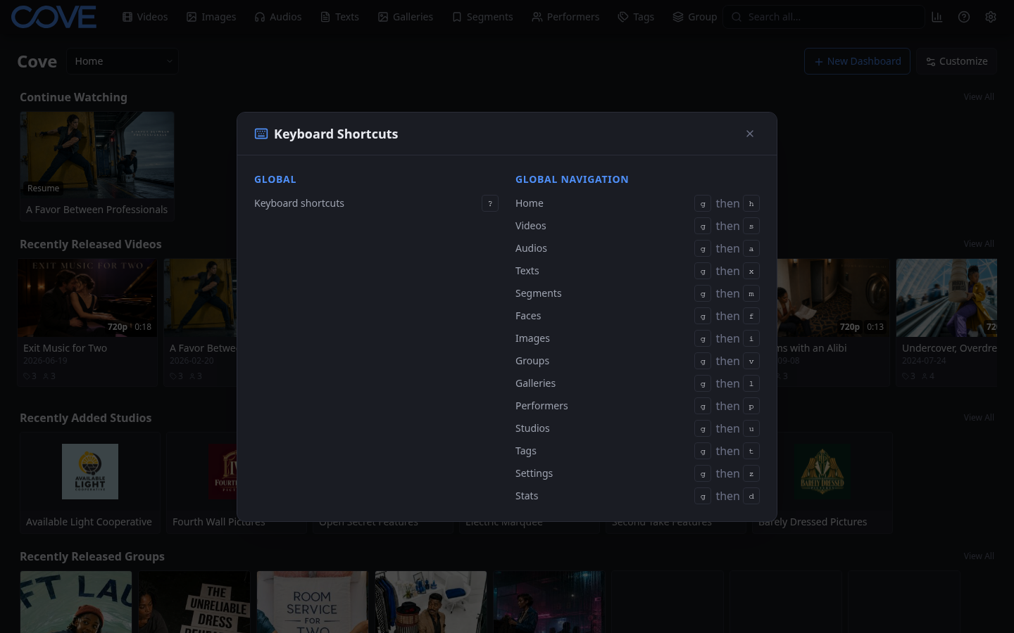 Keyboard Shortcuts reference showing global actions and multi-key navigation sequences
