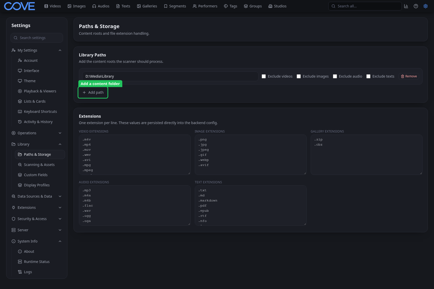 Paths and Storage settings with a library path and media-type exclusions