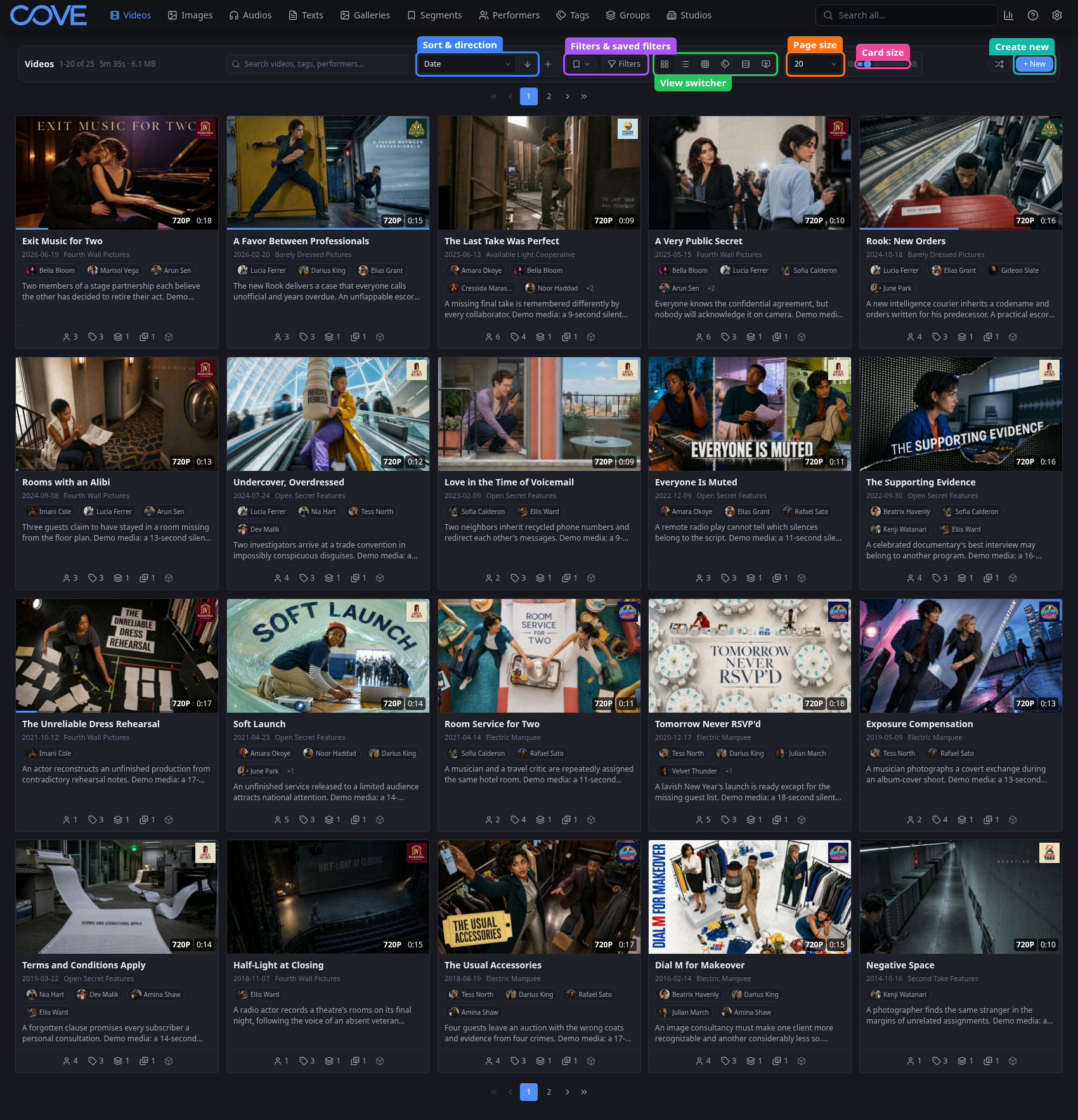 Video list with view, sort, filter, page-size, card-size, and create controls identified