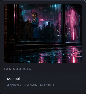 Tag provenance popup showing a manual source and applied time