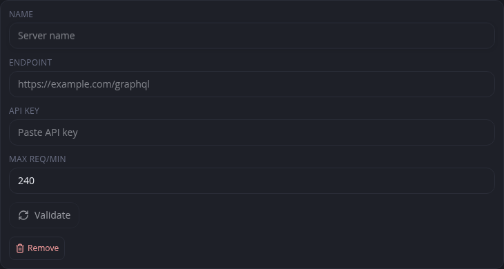 Empty metadata server row showing name, endpoint, API key, request limit, and validation controls