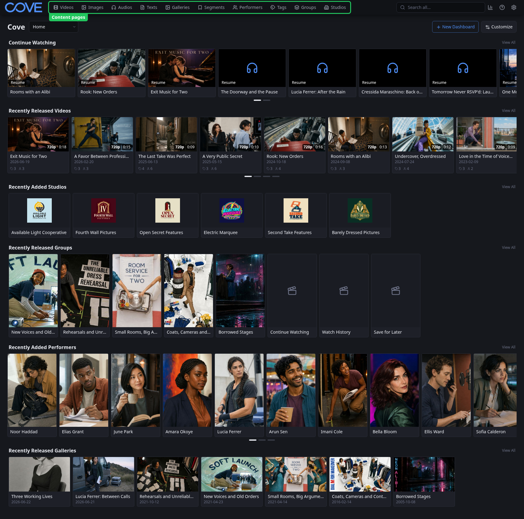 Cove navigation showing the library areas available after setup