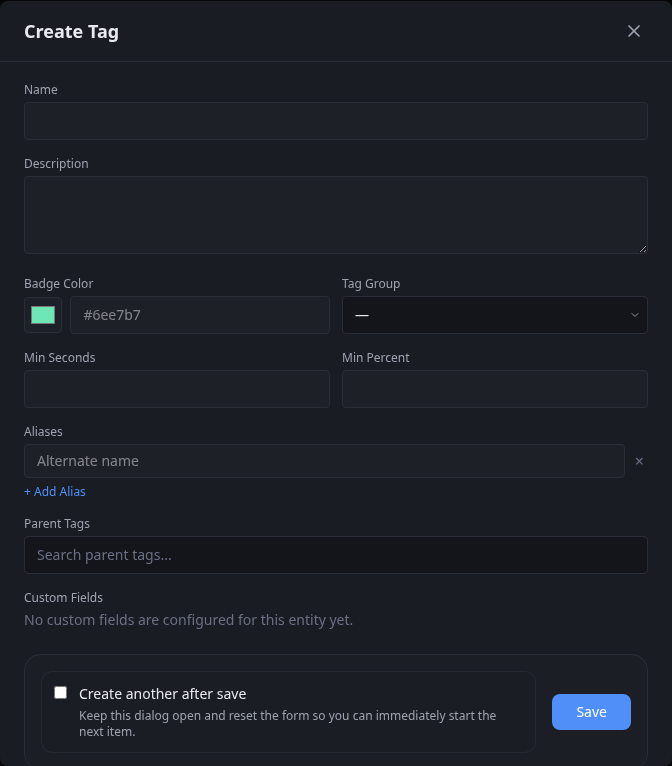 Blank Create Tag form with classification and relationship fields