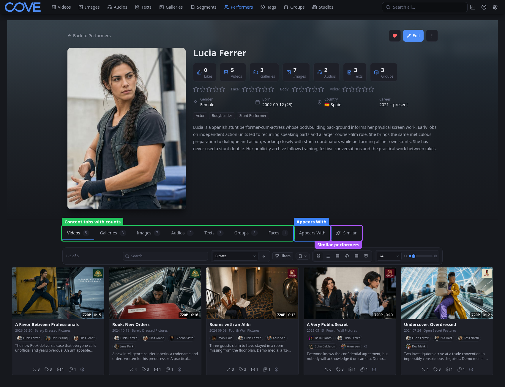 Performer detail page with content tabs, Appears With, and Similar controls identified