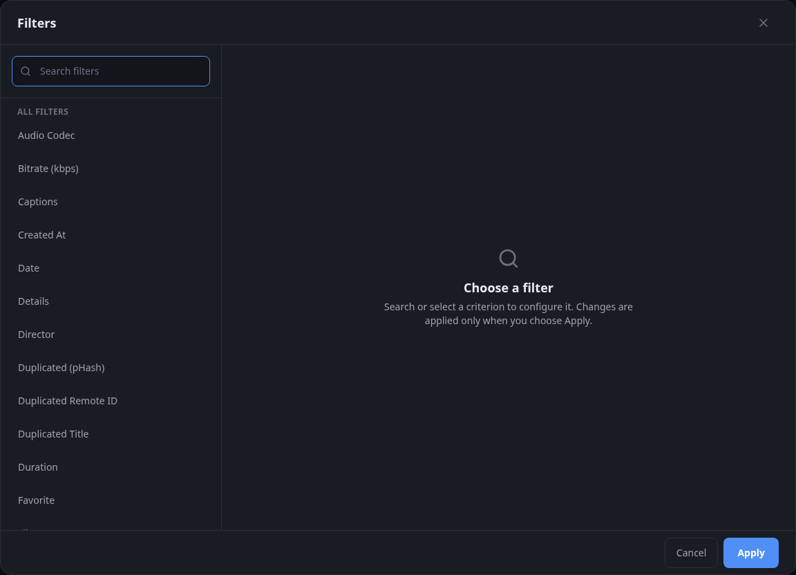 Filter editor with searchable video criteria and an empty configuration area