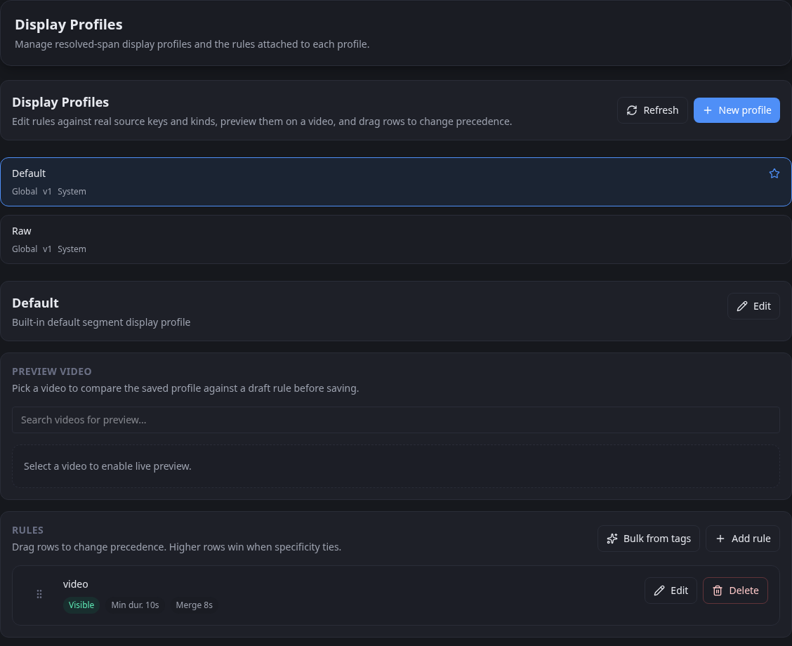 Display Profiles settings with built-in profiles and a resolution rule
