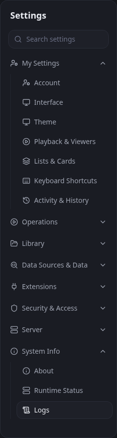 Cove Settings navigation with System Info expanded and Logs visible
