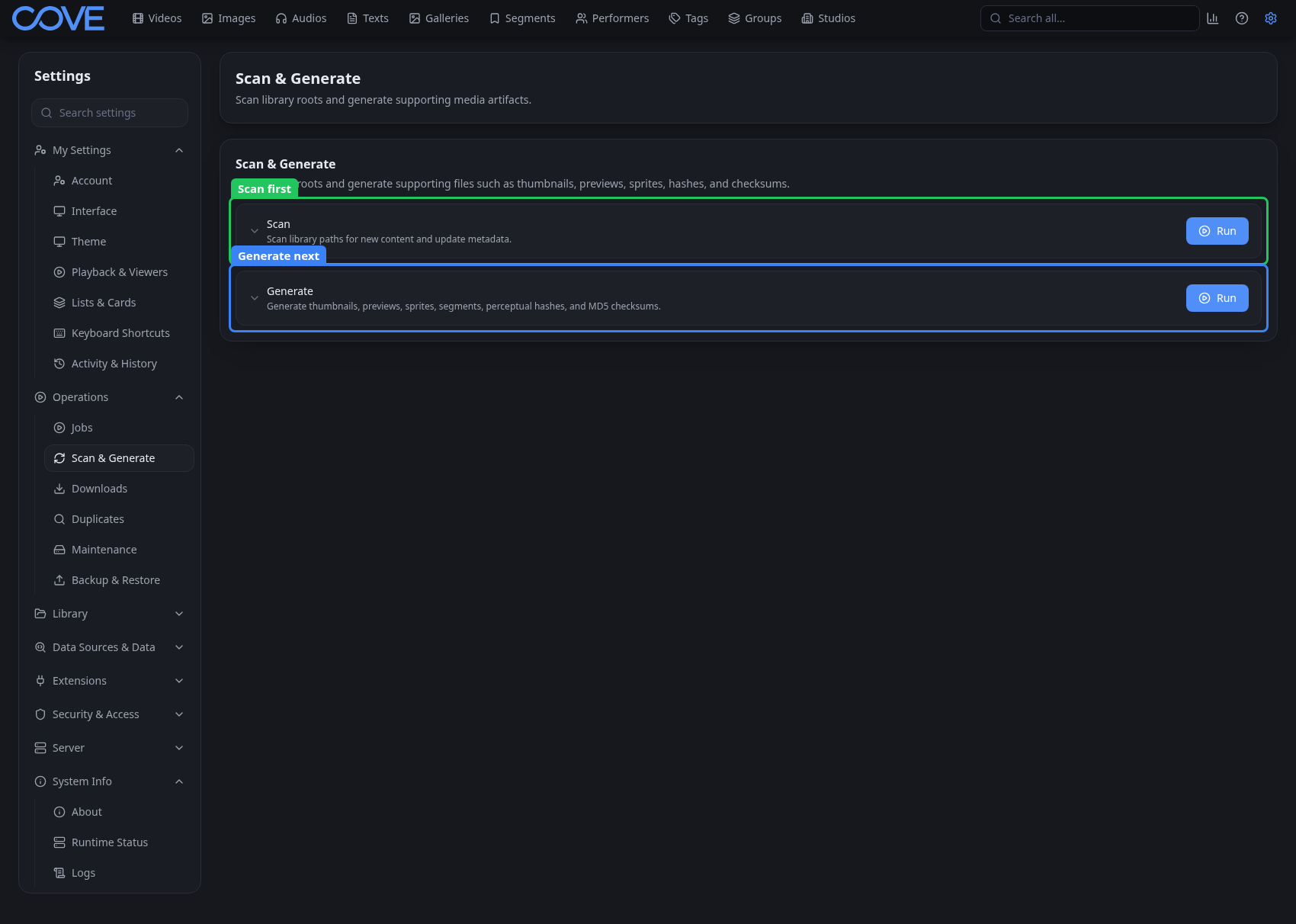 Scan and Generate controls in Cove settings