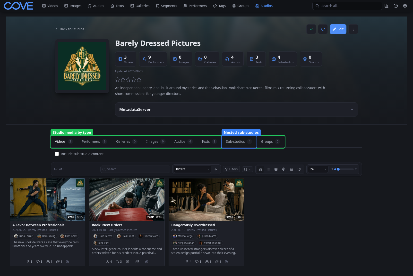 Studio detail page with media tabs and nested sub-studios identified