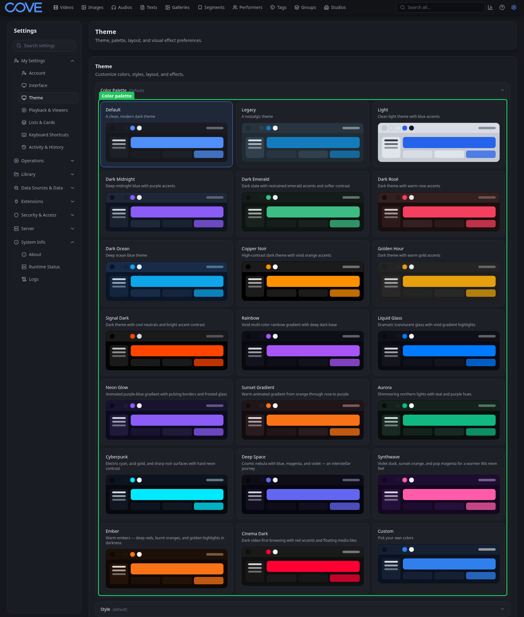 Theme settings showing Cove's color palette choices