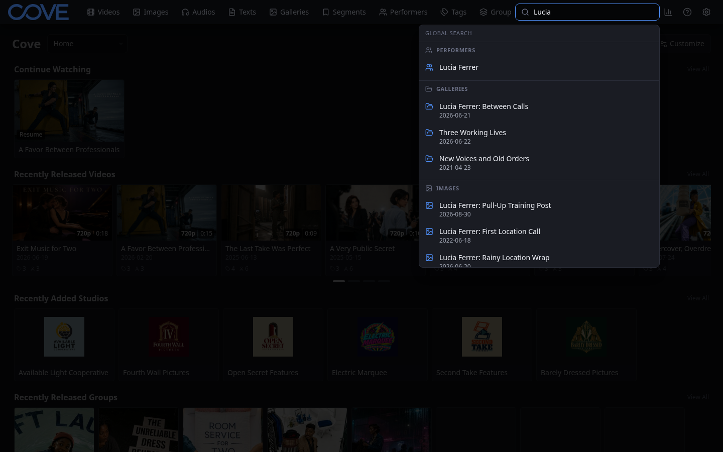 Global search for Lucia showing results grouped into performers, galleries, and images