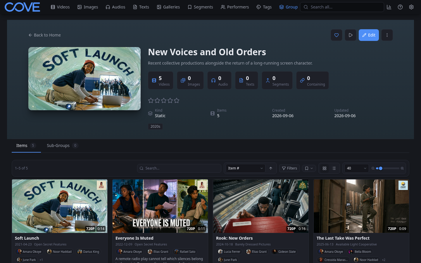 Sample static group detail page showing its description, media counts, and one video item