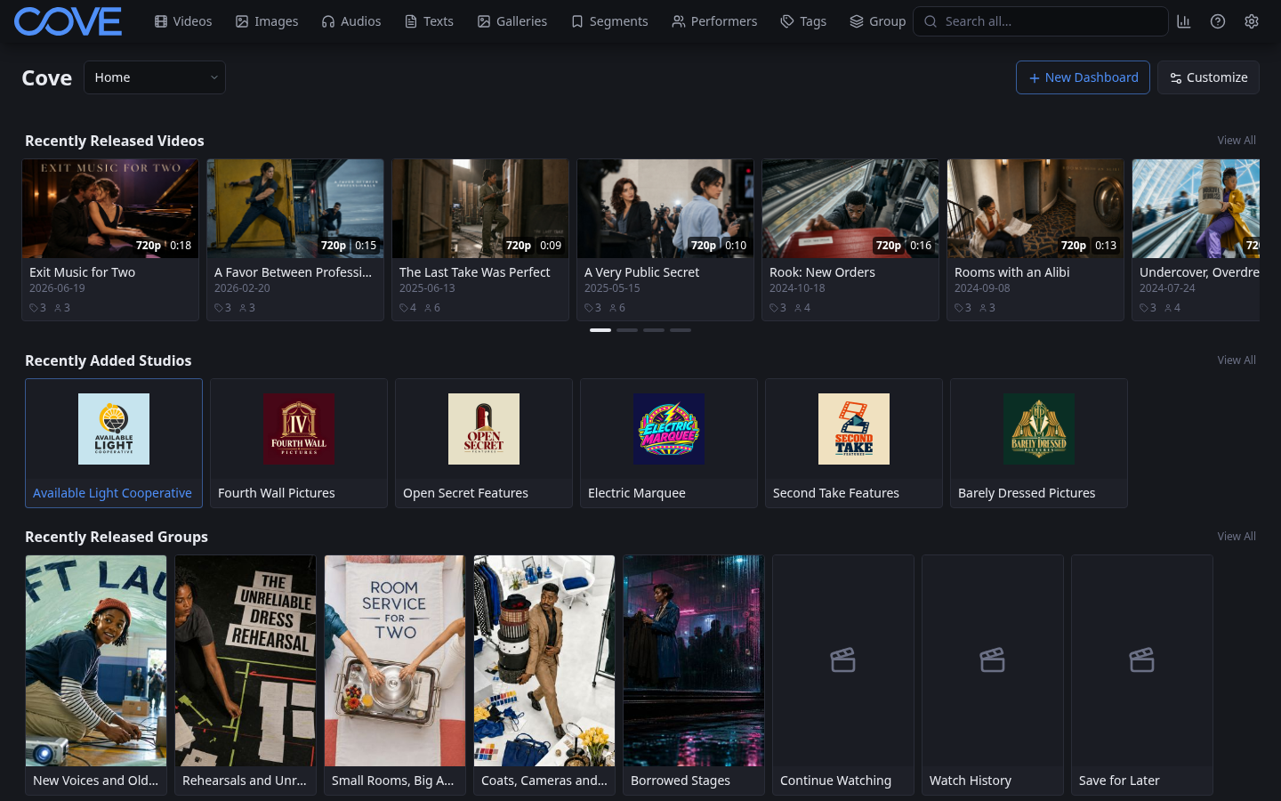 Cove home page showing rows of sample videos, studios, groups, and performers