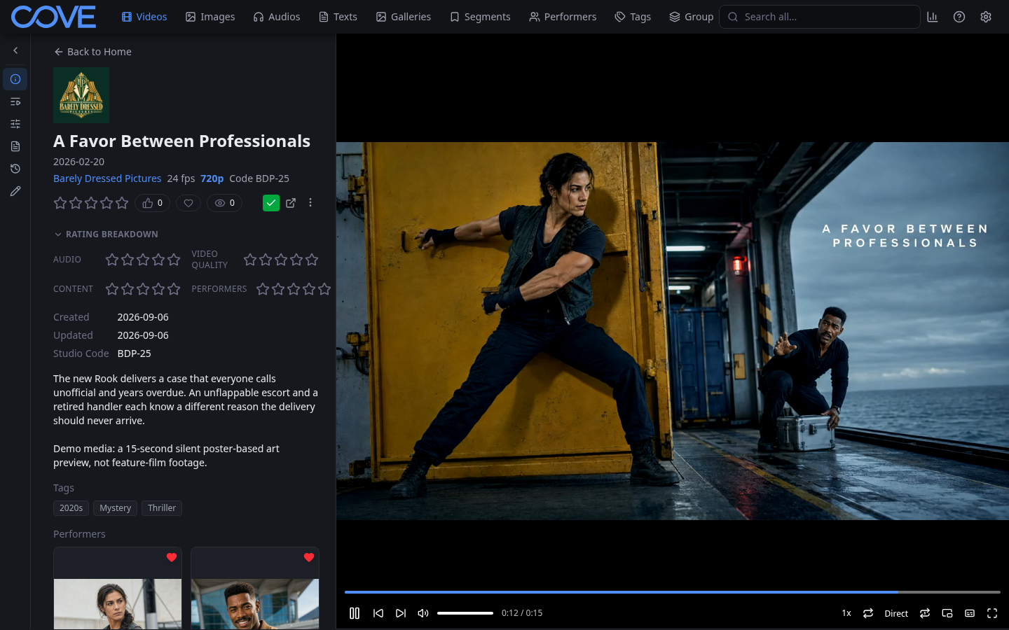 Sample video detail page with metadata and relationships beside the video player