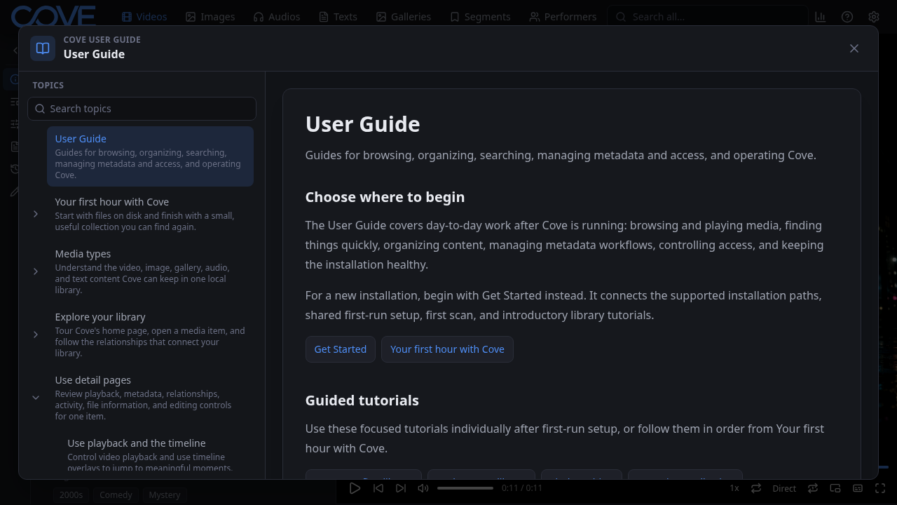 Cove User Guide with a searchable topic list and a shared article