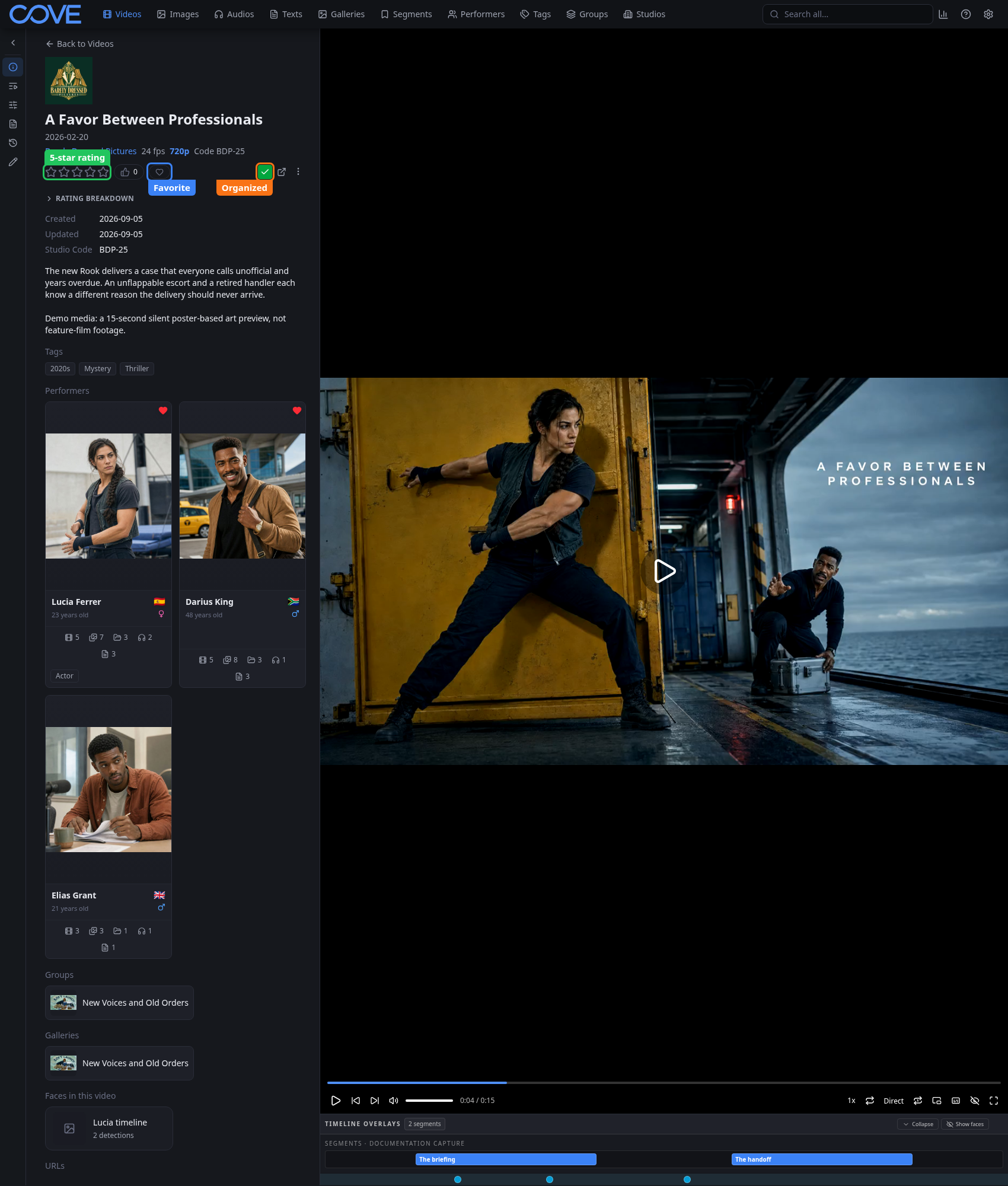 Rating, favorite, and Organized controls on a video detail page