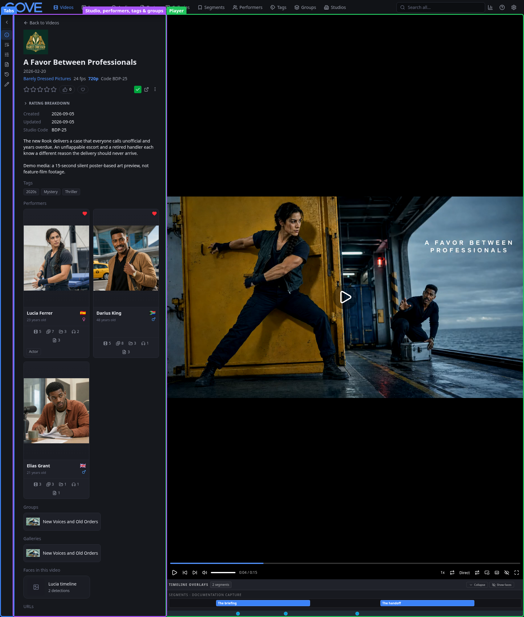 Video detail page with its tab rail, metadata area, and player identified