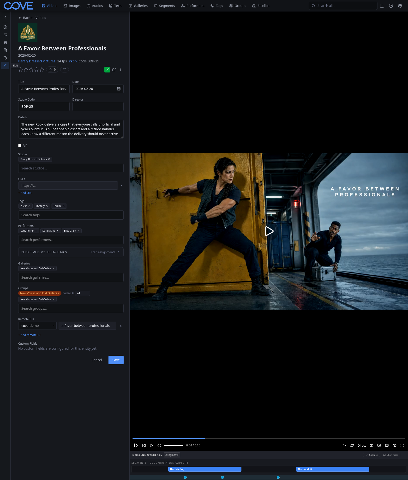 Video Edit tab with descriptive and relationship fields