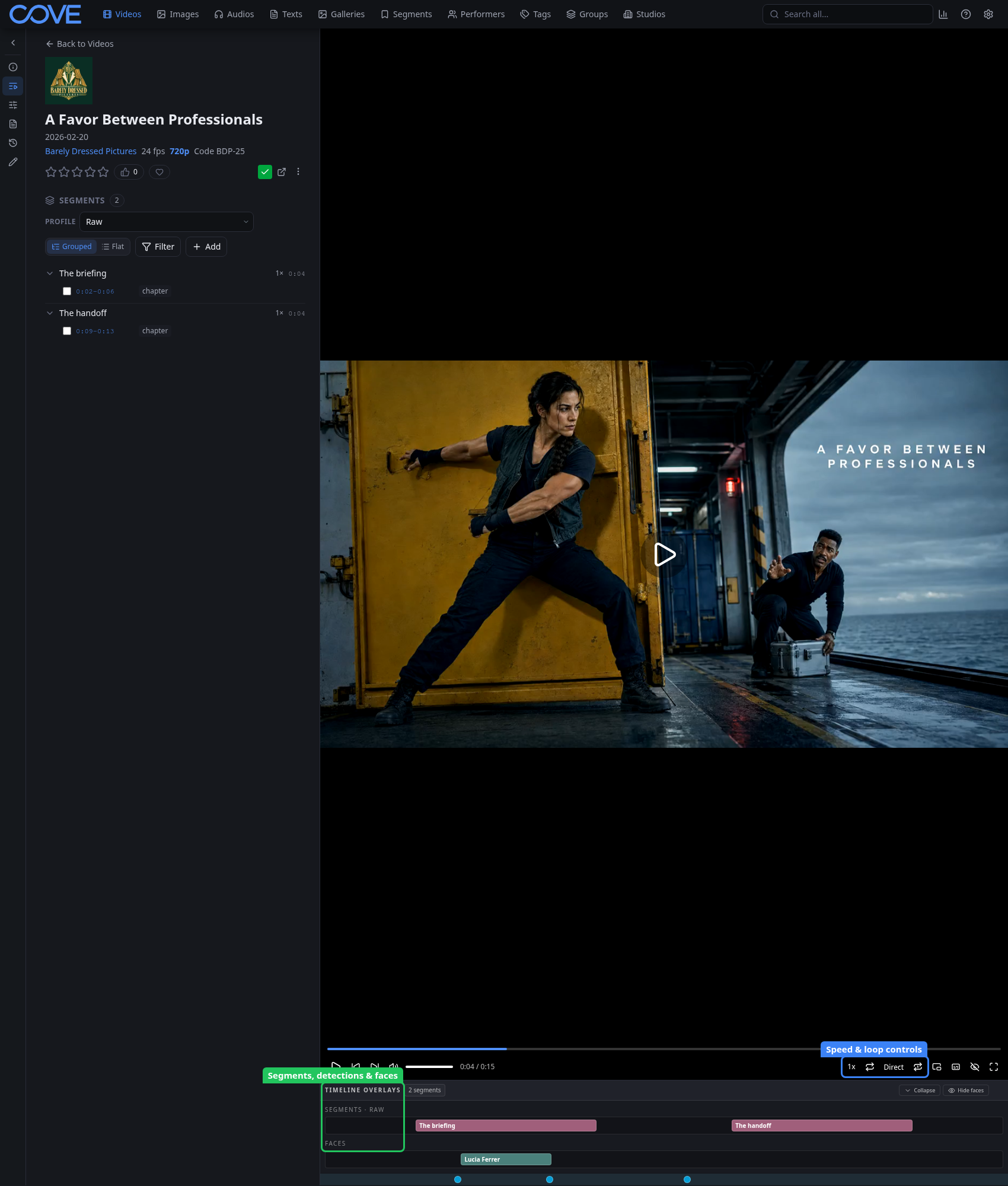 Video player timeline with segment and face swimlanes plus speed and loop controls