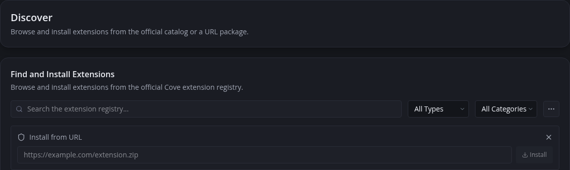 Discover page showing the empty Install from URL form beneath registry controls