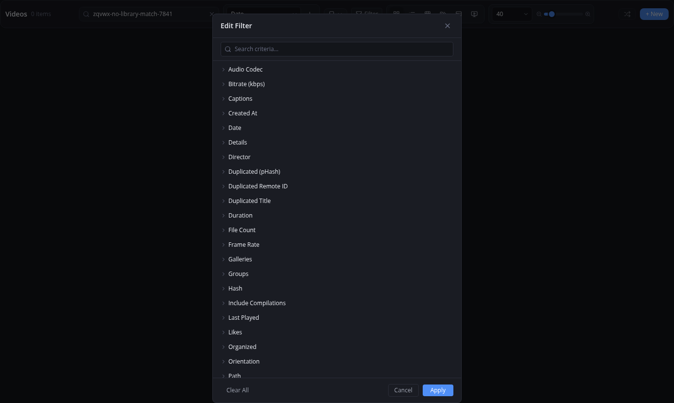 Videos filter editor listing searchable criteria above an empty results area