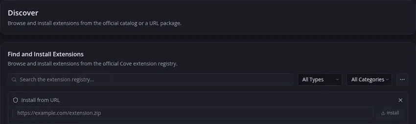 Discover page showing the empty Install from URL form beneath registry controls