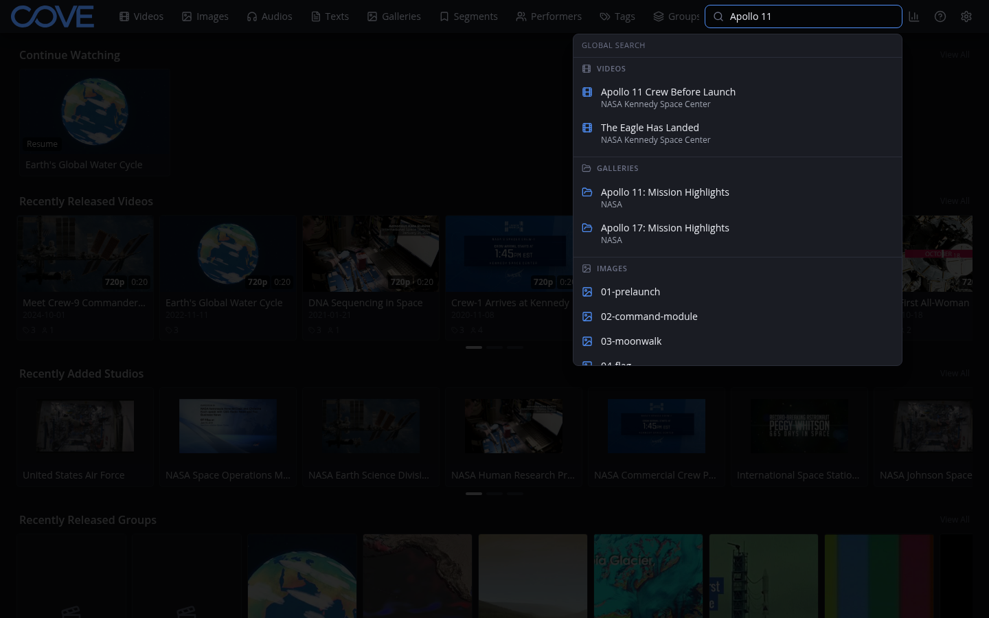 Global search for Apollo 11 showing results grouped into videos, galleries, and images
