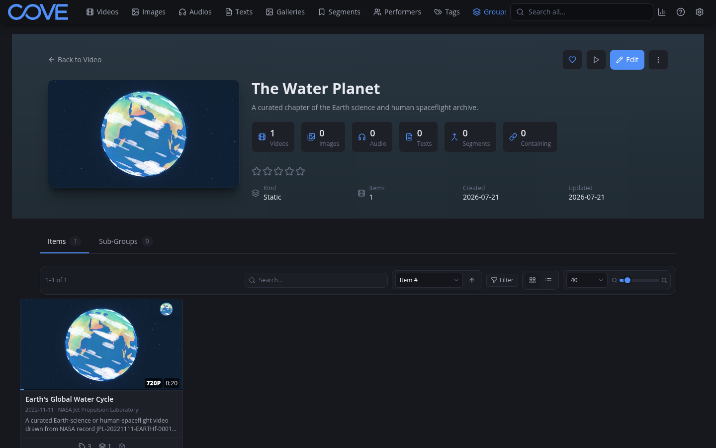 Sample static group detail page showing its description, media counts, and one video item