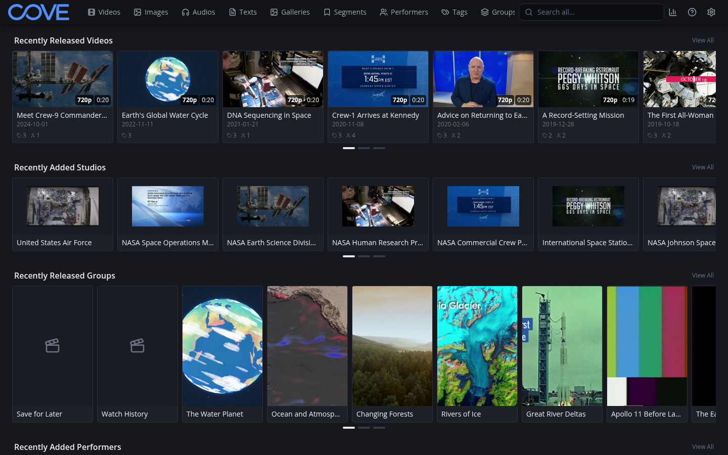 Cove home page showing rows of sample videos, studios, groups, and performers